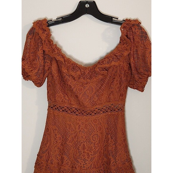 Franco Lace Puff Sleeve off the shoulder mini dress Sm Boho Feminine Cottage Cor - Picture 2 of 12